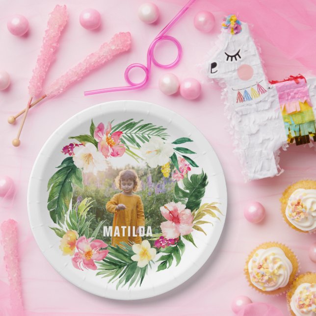 tropical floral pink yellow flamingo stylish paper plate (Party)