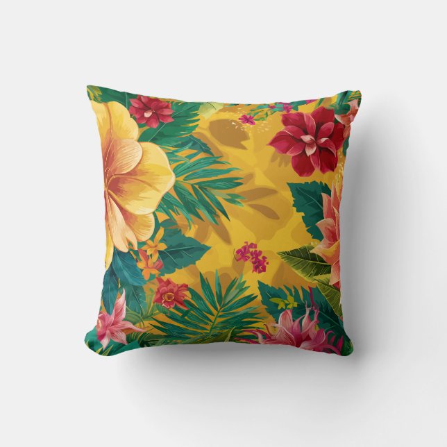 Tropical Floral, Radiant Blossoms and Lush Foliage Throw Pillow (Front)