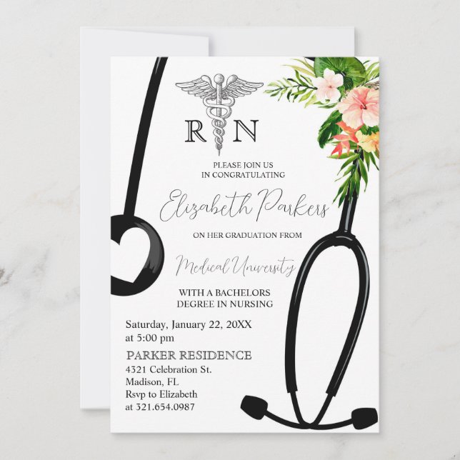 Tropical Floral RN Nursing School Graduation Party Invitation (Front)