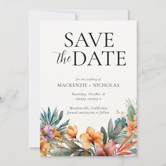Tropical Floral Save the Date Invitation (Front)