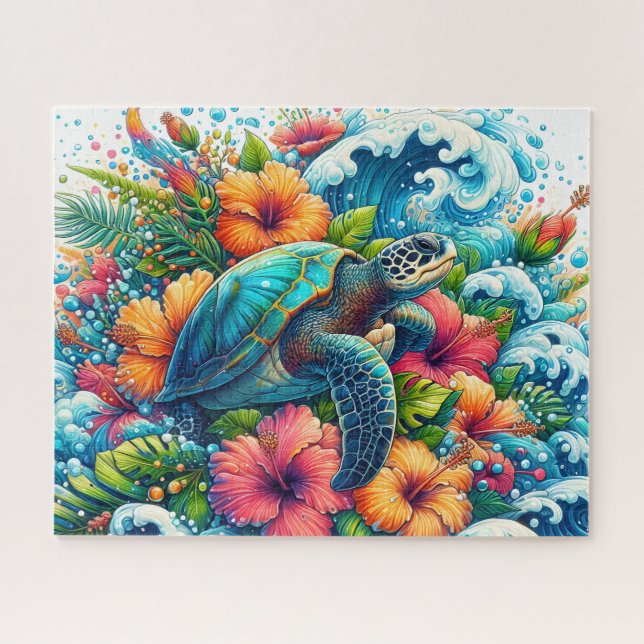 Tropical Floral Sea Turtle Jigsaw Puzzle (Horizontal)