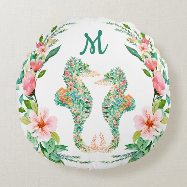 Tropical Floral Seahorse Couple Monogram Round Pillow (Front)
