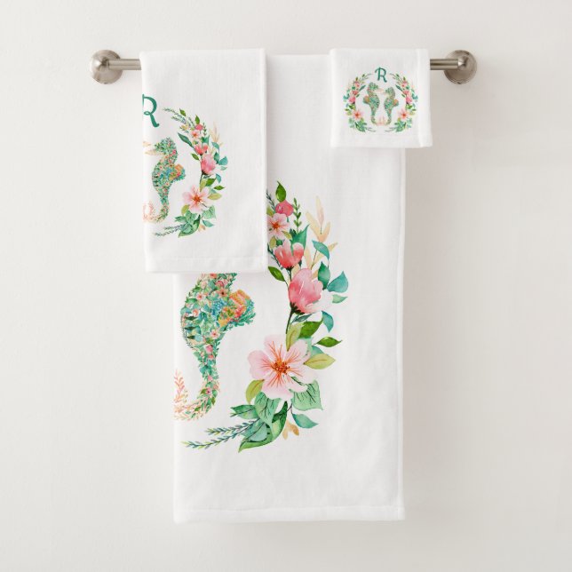 Tropical Floral Seahorse Couple Monogrammé (En situation)