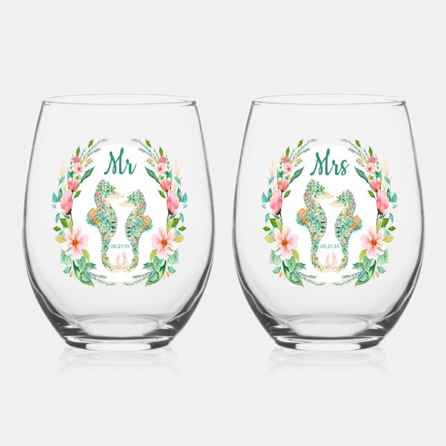 Tropical Floral Seahorse Mr Mrs Wedding Stemless Wine Glass (Front)