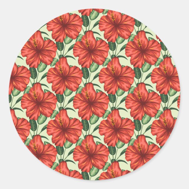 Tropical floral seamless pattern red flowers classic round sticker (Front)