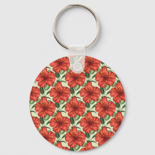 Tropical floral seamless pattern red flowers keychain