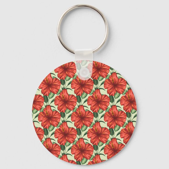 Tropical floral seamless pattern red flowers keychain (Front)