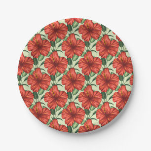 Tropical floral seamless pattern red flowers paper plate