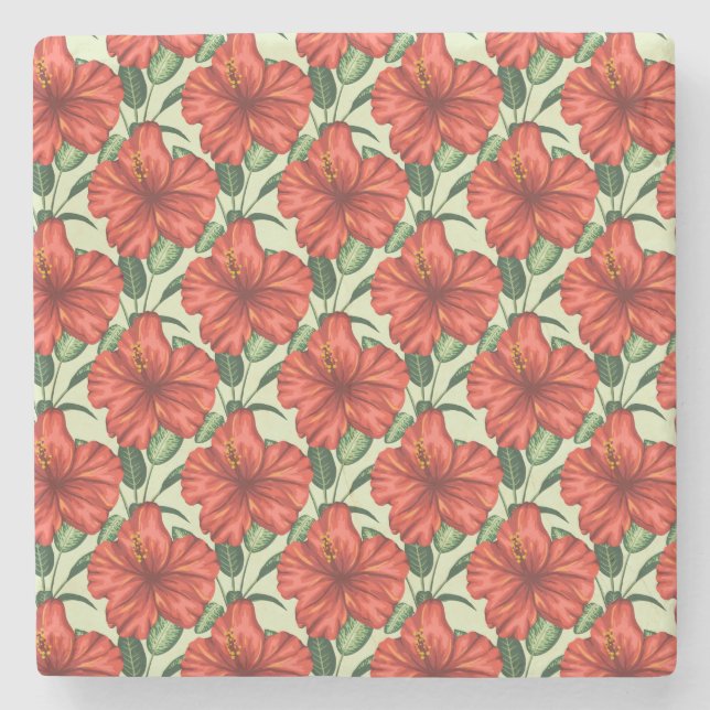 Tropical floral seamless pattern red flowers stone coaster (Front)