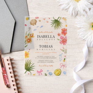 Tropical Floral & Shell Coastal Vellum Wedding Invitations