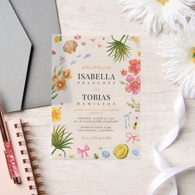 Tropical Floral & Shell Coastal Vellum Wedding Invitations (Wedding)