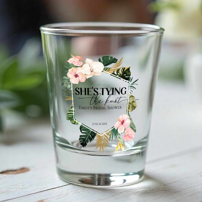 Tropical Floral She's tying the knot Bridal Shower Shot Glass (Creator Uploaded)