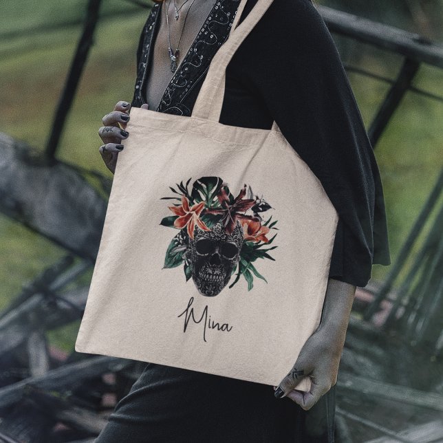 Tropical Floral Skull Personalized Halloween Tote Bag (Creator Uploaded)