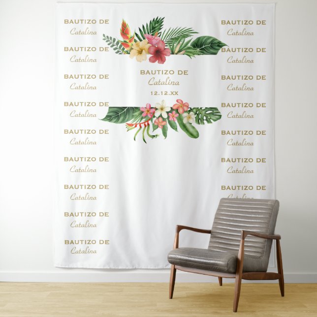 Tropical Floral Step & Repeat Bautizo Backdrop Tapestry (In Situ)