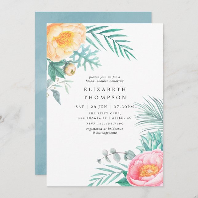 Tropical Floral Summer Bridal Shower Invitation (Front/Back)