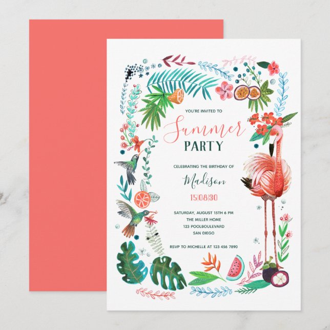 Tropical Floral Summer Flamingo Party  Invitation (Front/Back)