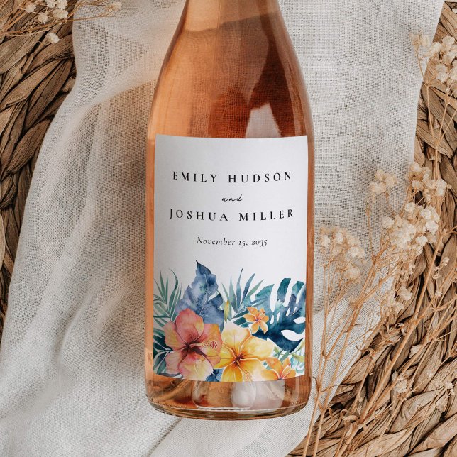 Tropical Floral Summer Watercolor Wedding Wine Label (Creator Uploaded)