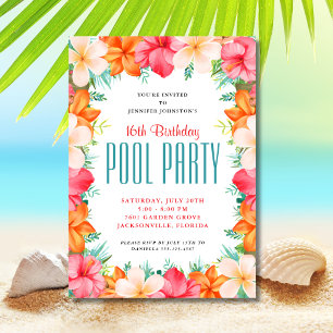 Tropical Floral Swimming Pool Party Birthday Invitation