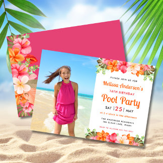 Tropical Floral Swimming Pool Party Birthday Pink Invitation