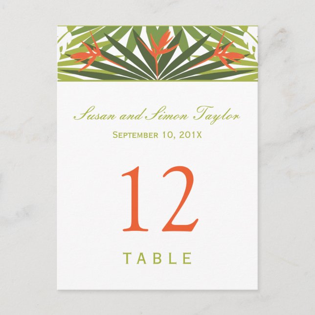 Tropical Floral Table Number Card | Green & Orange (Front)