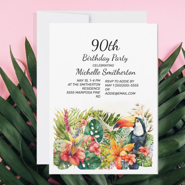 Tropical Floral Toucan 90th Birthday  Invitation (Creator Uploaded)