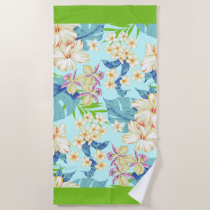Tropical Floral w/Dark Green Border Beach Towel