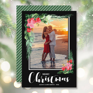 Tropical Floral Watercolor Christmas Photo Holiday Card