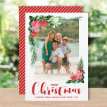 Tropical Floral Watercolor Christmas Photo Holiday Card<br><div class="desc">Christmas photo cards feature watercolor leaves and tropical flowers,  your favourite photo,  your names and greeting in chic lettering. Use ANY COLOR on the back,  we show red. *HORIZONTAL layout done for you in our store. Select high definition for best print quality.</div>