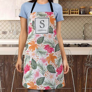 Tropical Floral Watercolor Pattern Monogram Name Apron