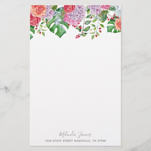 Tropical Floral Watercolor Personalized Stationery (Front)