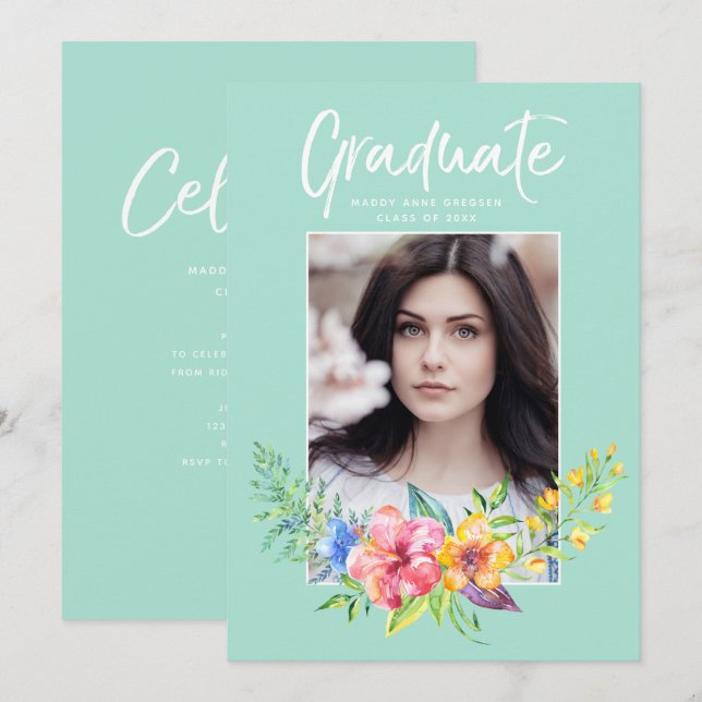 Tropical Floral Watercolor Photo Graduation Invitation (Front/Back)