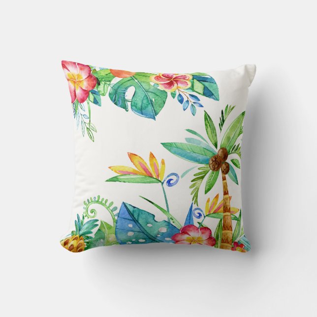 Tropical Floral Watercolor Throw Pillow (Front)