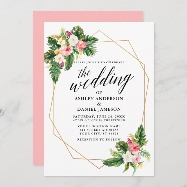 Tropical Floral Wedding Calligraphy Gold Frame Invitation (Front/Back)