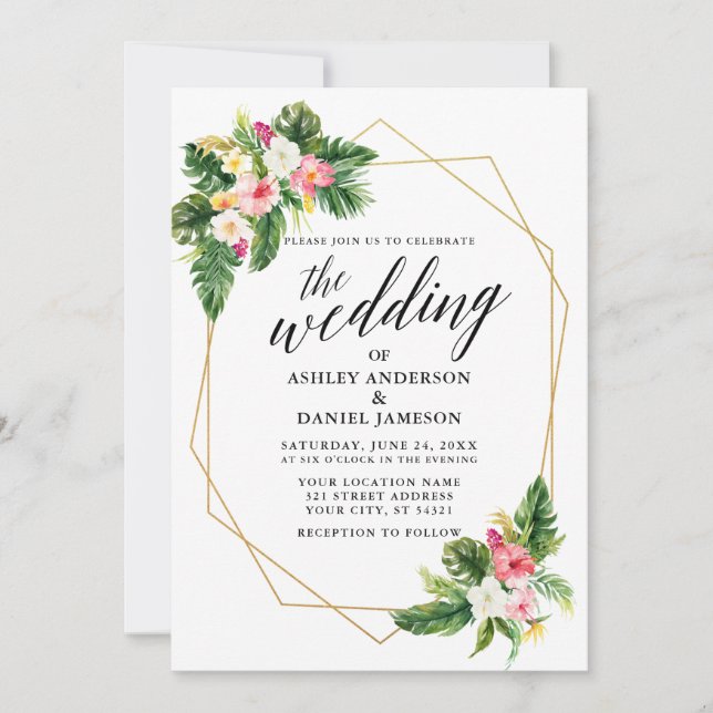 Tropical Floral Wedding Calligraphy Gold Geo Frame Invitation (Front)