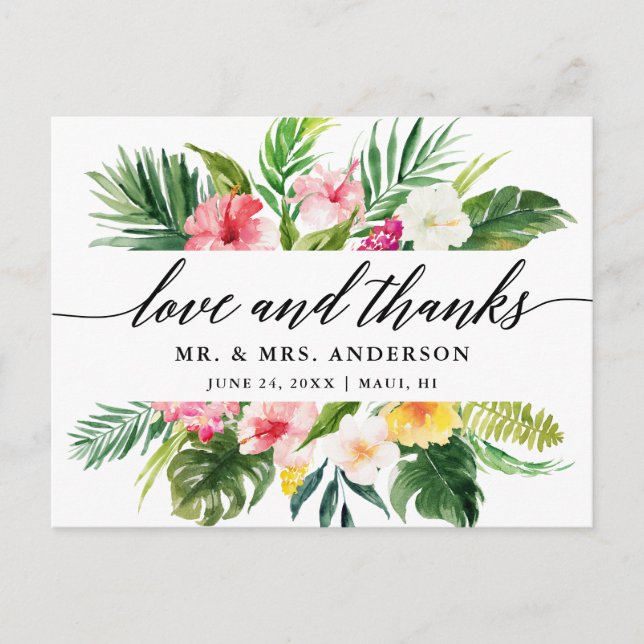 Tropical Floral Wedding Calligraphy Love Thanks Postcard (Front)