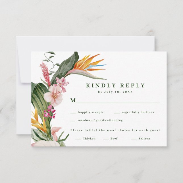 Tropical Floral Wedding Meal Choice RSVP Card (Front)