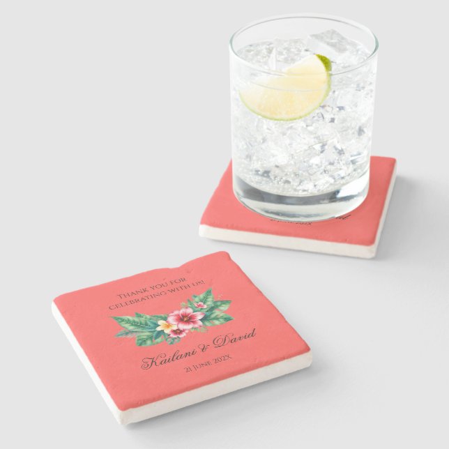 Tropical floral wedding theme stone coaster (Side)