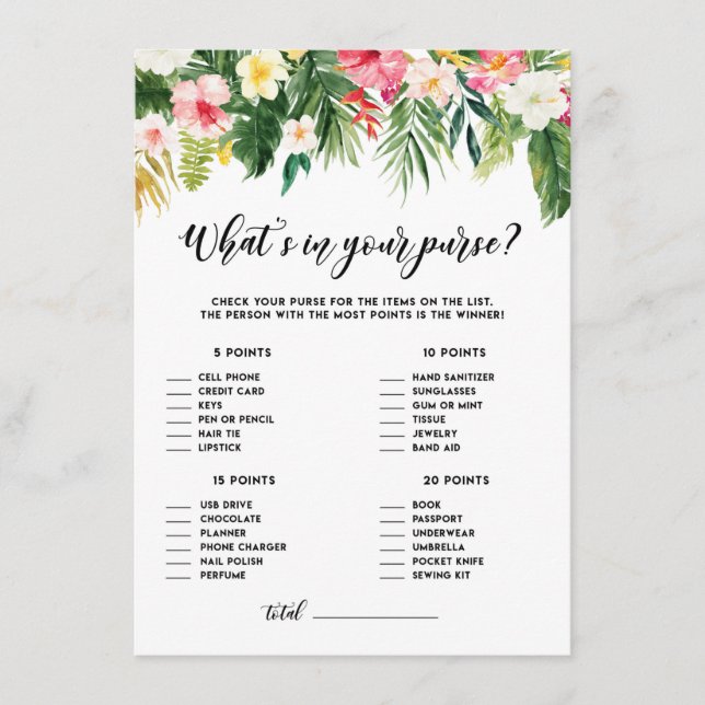 Tropical Floral What's in Your Purse Shower Game Enclosure Card (Front)