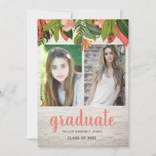 Tropical Floral White Brick Multi Photo Graduation Invitation