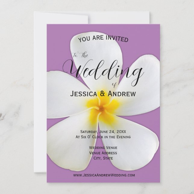 Tropical Floral, White Plumeria, Lavender, Wedding Invitation (Front)