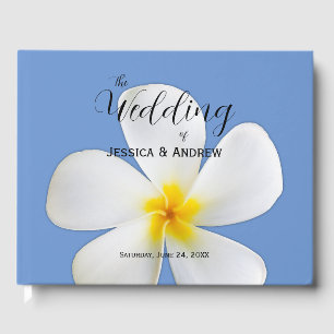Tropical Floral, White Plumeria on Blue, Wedding Guest Book
