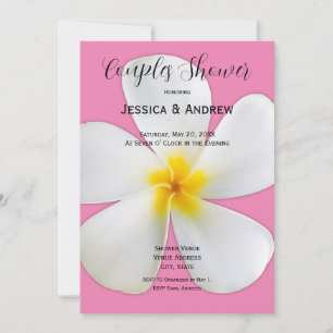 Tropical Floral, White Plumeria on Pink, Couples Invitation
