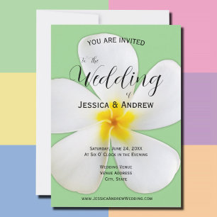 Tropical Floral, White Plumeria on Sage, Wedding Invitation