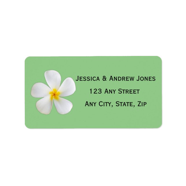 Tropical Floral, White Plumeria on Sage, Wedding Label (Front)