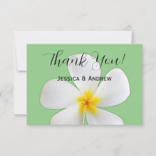 Tropical Floral, White Plumeria on Sage, Wedding Thank You Card