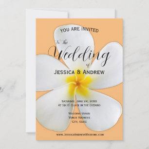 Tropical Floral, White Plumeria Orange, Wedding Invitation