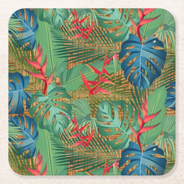 Tropical Floral Wicker Square Paper Coaster (Front)