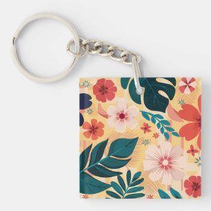 Tropical Floral with Bold Leaves and Flowers Keychain