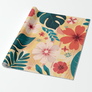 Tropical Floral with Bold Leaves and Flowers Wrapping Paper
