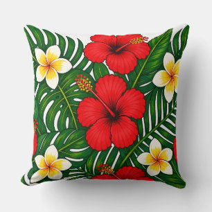 Tropical Floral with Hibiscus and Plumeria Throw Pillow